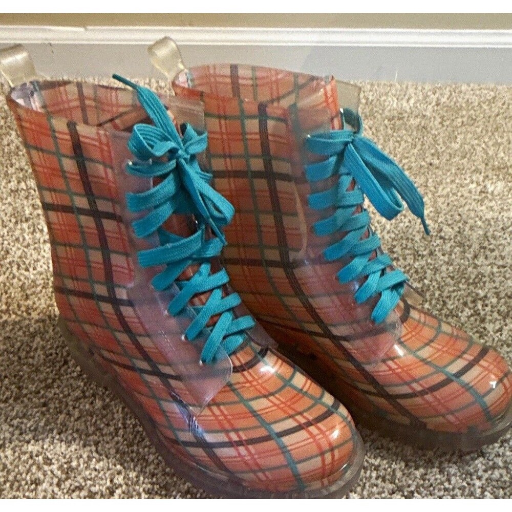 Bongo Women’s Ankle Rain Boots Plaid Waterproof Lace-Up Pinkish Orange/Teal 10